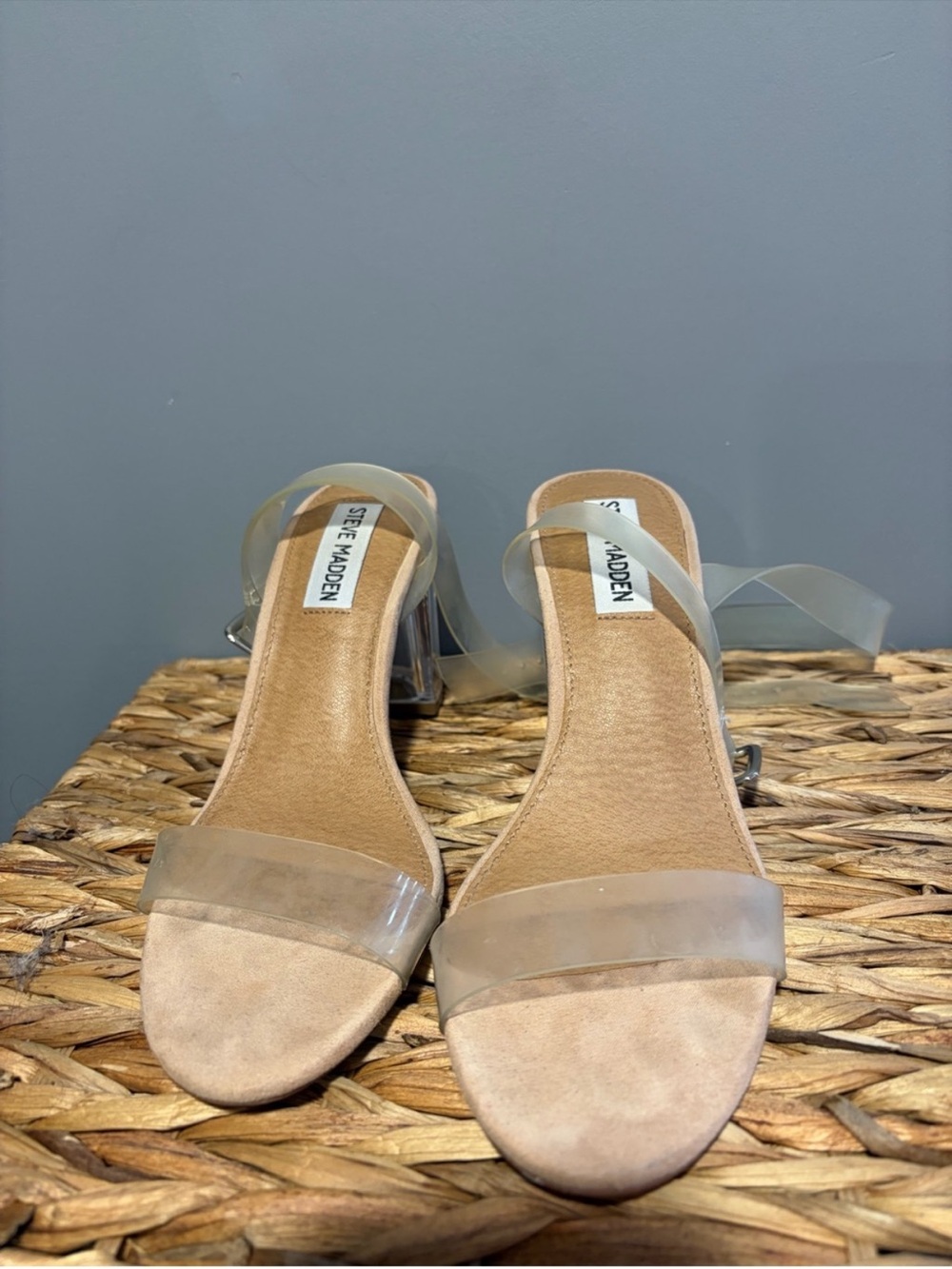 Steve Madden Nude Suede Footbed Clear Strap Block Heel Sandals